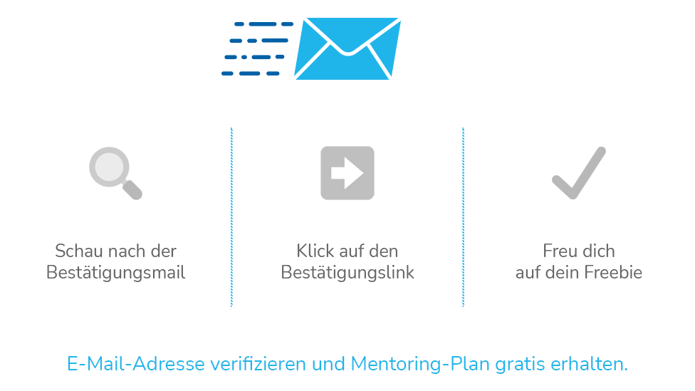 Zur Bestätigung deiner E-Mail-Adresse erhältst du eine Nachricht mit Bestätigungslink. Diesen klickst du an beziehungsweise kopierst und fügst ihn im Adressfeld deines Browsers ein. Danach gelangst du auf die Danke-Seite und erhältst deine erste Newsletter-Mail samt Freebie für dein Erfolgscomeback.