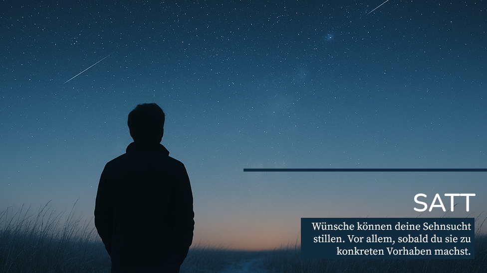 Person in winterlicher Landschaft schaut in den Sternenhimmel samt Sternschnuppen: Zeit der Wünsche. Satt.